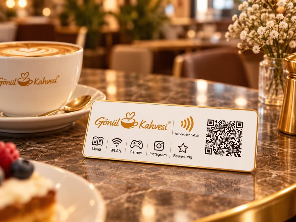 DropTap table stand with icons for menu, Wi-Fi, games, Instagram and reviews, an NFC symbol and a QR code next to a coffee cup