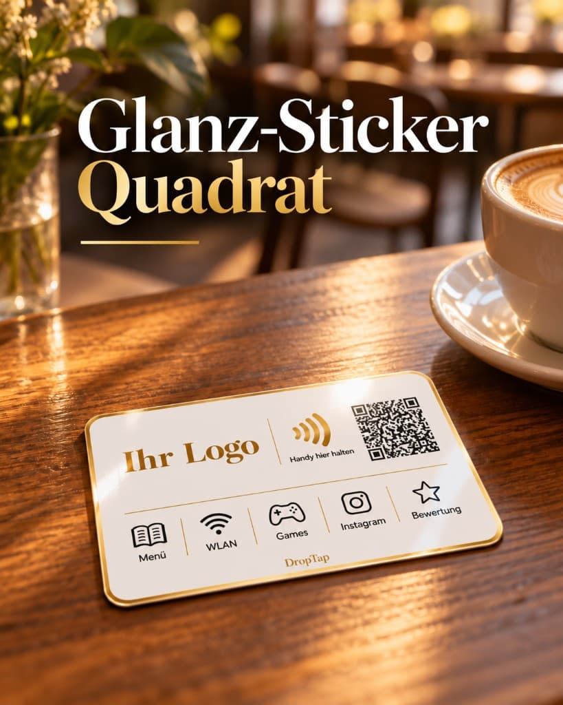 Square glossy DropTap sticker with logo, NFC mark, QR code and icons for menu, Wi-Fi, games, Instagram and reviews on a wooden café table