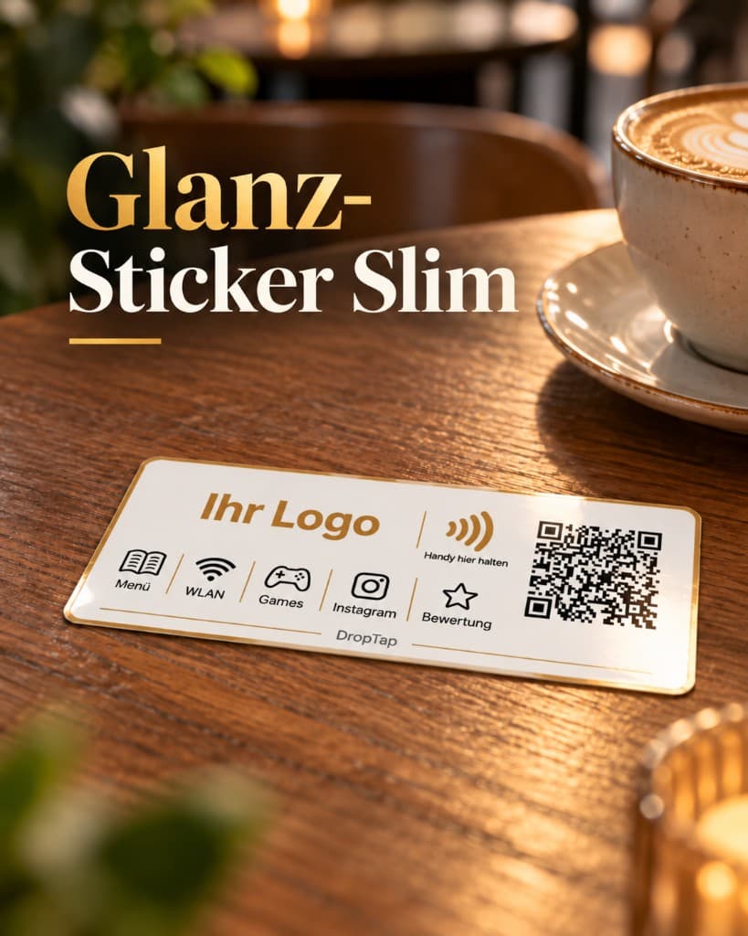 Slim glossy DropTap sticker with logo, QR code and icons for menu, Wi-Fi, games, Instagram and reviews on a café table
