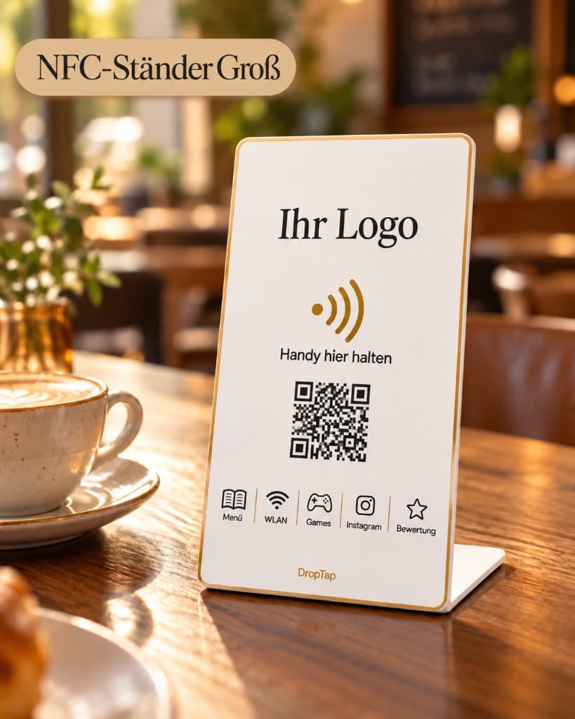 Large upright DropTap NFC stand with logo, QR code and icons for menu, Wi-Fi, games, Instagram and reviews on a café table