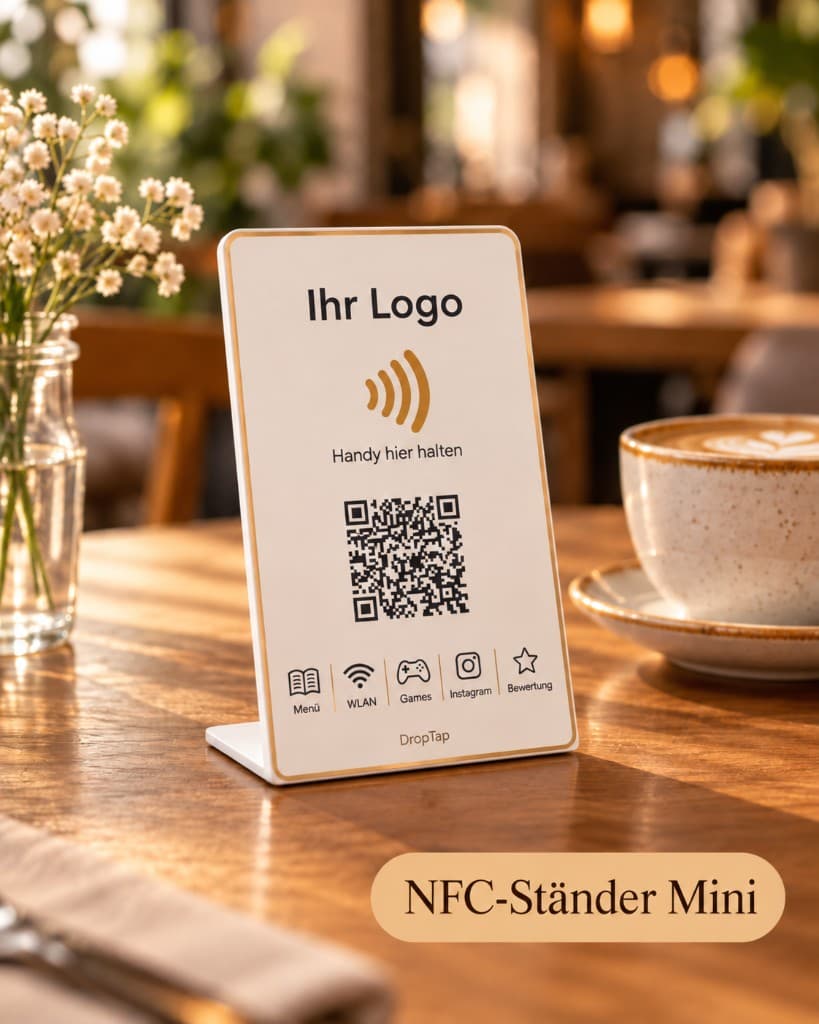 Small upright DropTap NFC stand with logo, QR code and icons for menu, Wi-Fi, games, Instagram and reviews on a café table