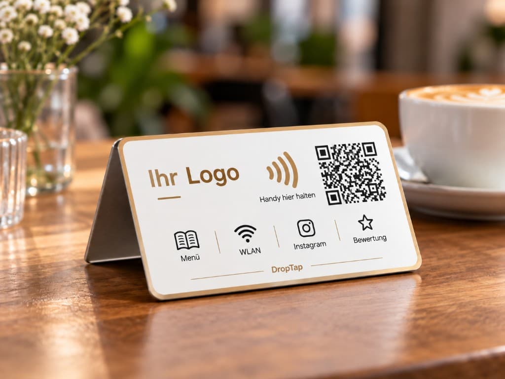 Folding DropTap table stand with space for a logo, an NFC mark, a QR code and icons for menu, Wi-Fi, Instagram and reviews on a café table